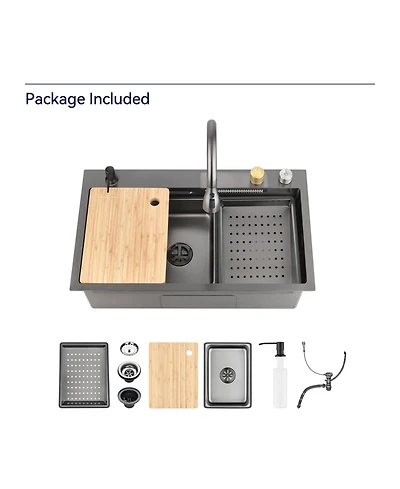 Busdays 29.5 x 17.7 Inches Waterfall Kitchen Sink Stainless Steel Single Bowl Multifunctional Workstation with Flying Rain Faucet and Cutting Board