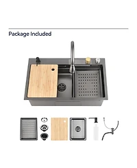 Busdays 29.5 x 17.7 Inches Waterfall Kitchen Sink Stainless Steel Single Bowl Multifunctional Workstation with Flying Rain Faucet and Cutting Board