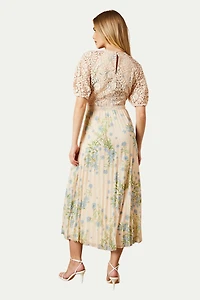 Oasis Women's Floral Lace Bodice Pleated Midi Dress