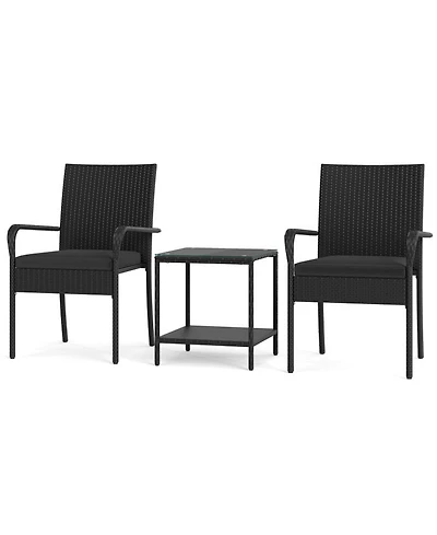 Gouun 3-Piece Pe Rattan Patio Chair Set with 2-Tier Side Table and Cushions