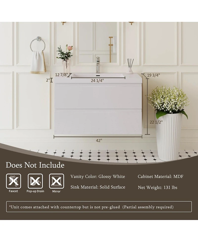 Sillysis Inch Glossy Wall Mounted Bathroom Vanity with Resin Sink and Soft Close Drawers