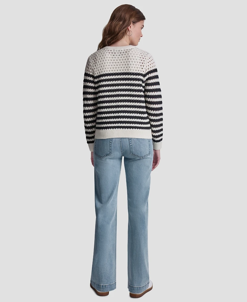 Dkny Jeans Petite Long-Sleeve Stripe Pointelle Stitch Cardigan
