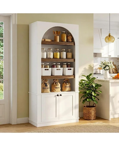 Tribesigns 71'' Tall Bookcase with Doors, 6-Tier Modern Arched Bookshelf, Freestanding Wooden Storage Cabinet