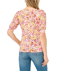CeCe Women's Printed Crewneck Shirred Top