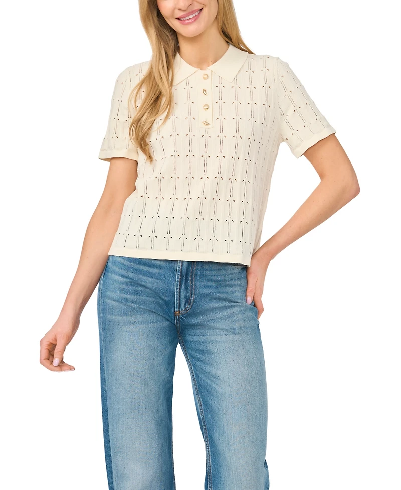 CeCe Women's Pointelle Short-Sleeve Collared Sweater