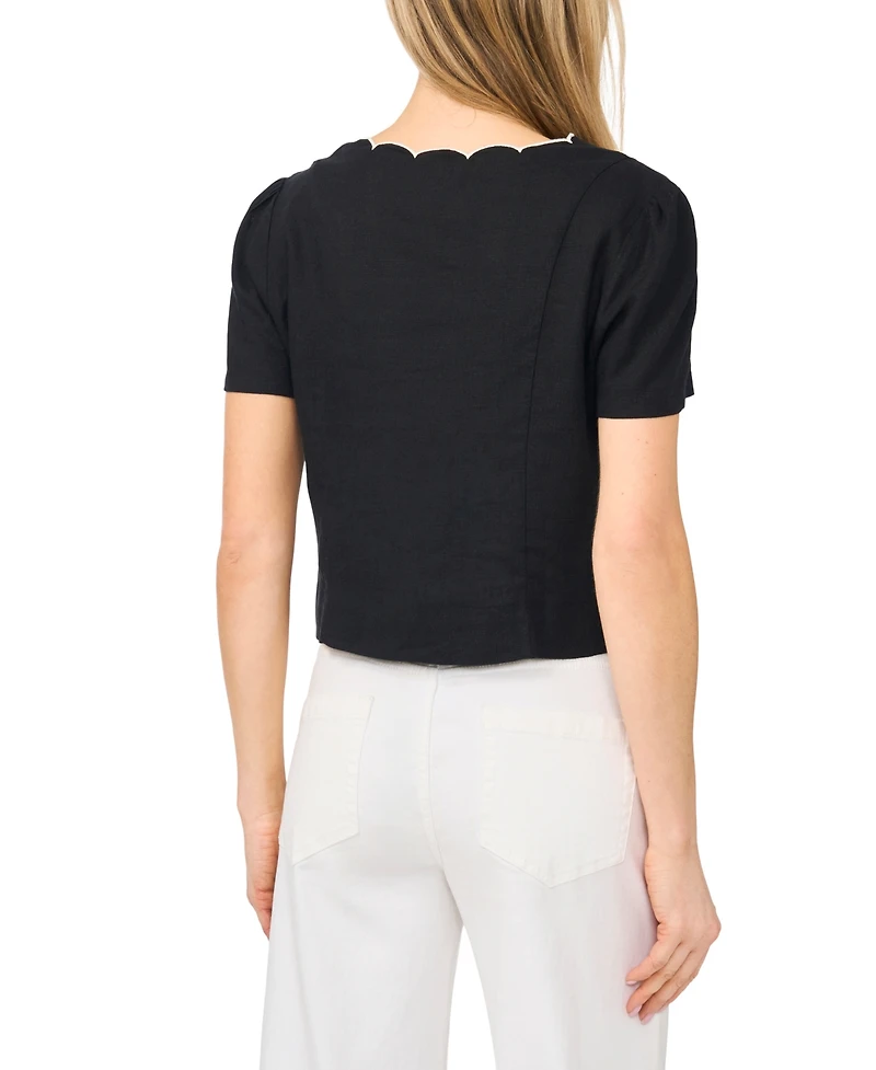 CeCe Women's Short-Sleeve V-Neck Scallop Edge Top