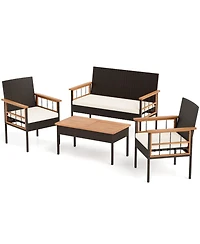 Slickblue Porch Wicker Furniture Set 4 Piece with Wood Top Table