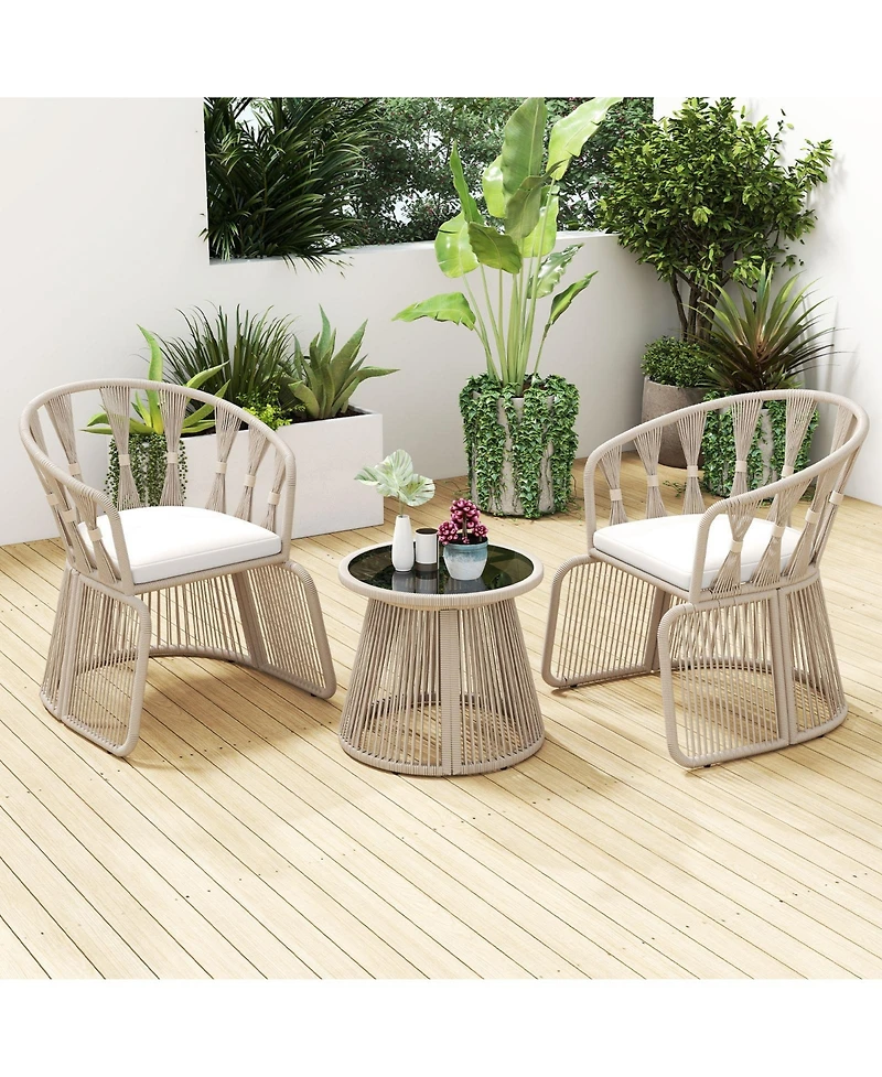 Slickblue Outdoor Rope Woven Chair Set 3 Piece with Seat Cushions