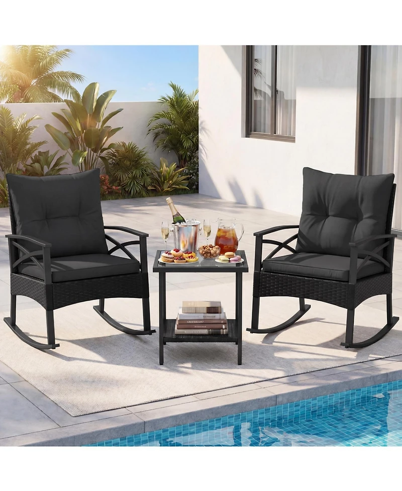 Slickblue 3 Piece Outdoor Rattan Rocking Chair Set with Side Table
