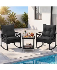 Slickblue 3 Piece Outdoor Rattan Rocking Chair Set with Side Table