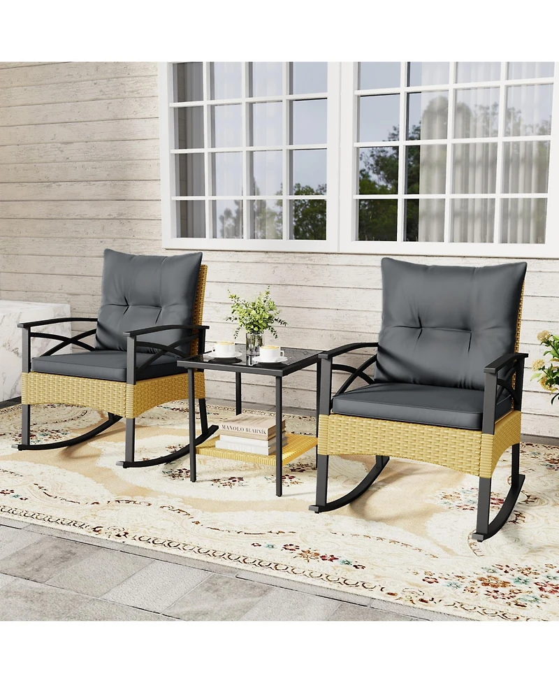 Slickblue 3 Piece Outdoor Rattan Rocking Chair Set with Side Table