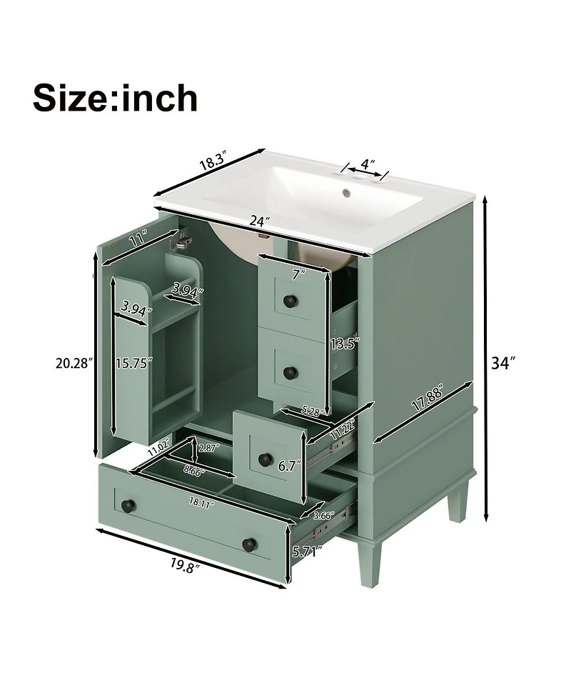 Sillysis 24"Bathroom Vanity with Sink, Modern Multi-Drawer Storage with Soft Close, Easy Assembly for Small Spaces