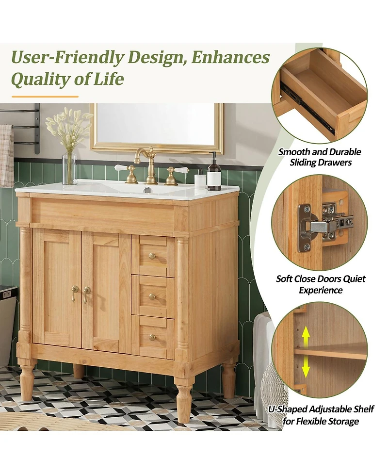 Sillysis 30 Inch Bathroom Vanity with Ceramic Sink, Solid Wood Free-Standing Cabinet, Soft Close Storage, Adjustable Shelf