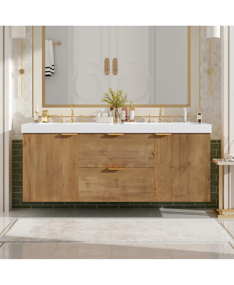 Sillysis 59 Inch Double Sink Bathroom Vanity, Wall Mounted Cabinet with Smc Countertop, Soft Close Drawers for Large Bathrooms