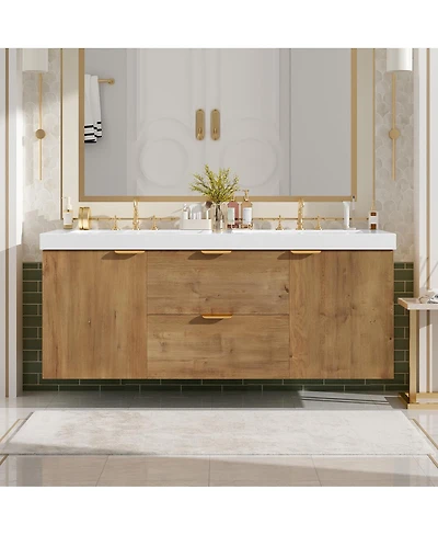Sillysis 59 Inch Double Sink Bathroom Vanity, Wall Mounted Cabinet with Smc Countertop, Soft Close Drawers for Large Bathrooms
