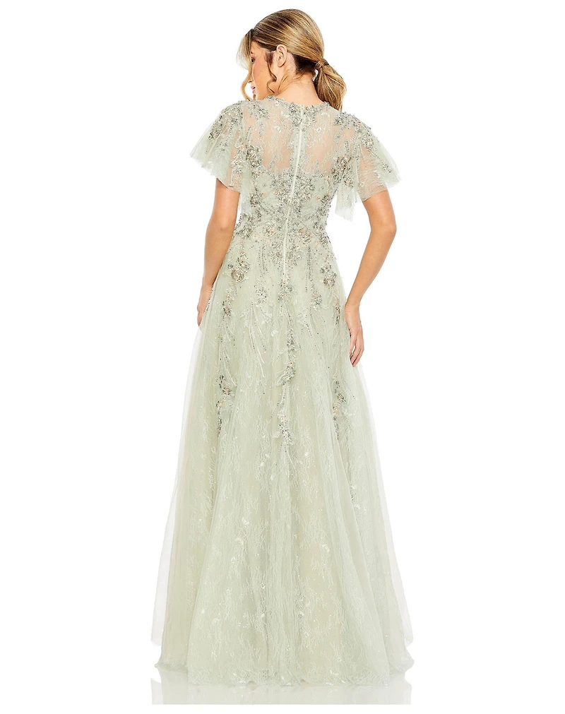 Mac Duggal Women's Illusion Neck Beaded Lace Flutter Sleeve Ball Gown