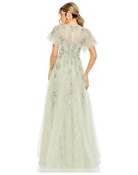 Mac Duggal Women's Illusion Neck Beaded Lace Flutter Sleeve Ball Gown