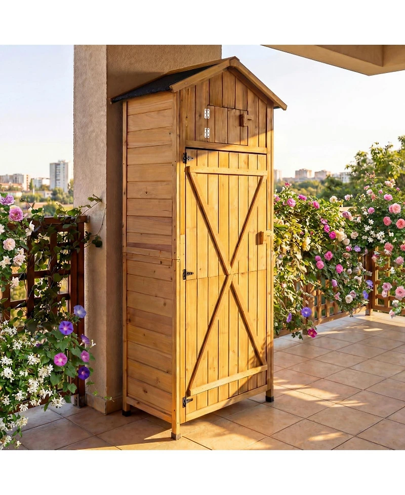 Gouun 70 in. Tall Fir Wood Garden Tool Storage Cabinet with Lockable Doors and Foldable Table