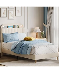 homfan Upholstered Bed Frame with Bookcase Headboard, Storage Cubbies and Wooden Slats Support