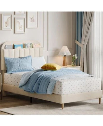 Homfan Upholstered Bed Frame With Bookcase Headboard Storage Cubbies Wooden Slats Support No Box Spring Needed