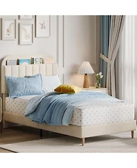 Homfan Upholstered Bed Frame With Bookcase Headboard Storage Cubbies Wooden Slats Support No Box Spring Needed