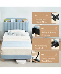 homfan Upholstered Bed Frame with Bookcase Headboard, Storage Cubbies and Wooden Slats Support