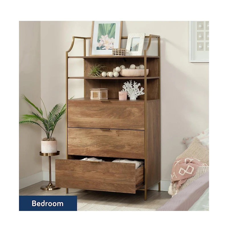 Sauder Bedroom 3- Drawer Dresser with Shelves, Sindoori Mango Finish