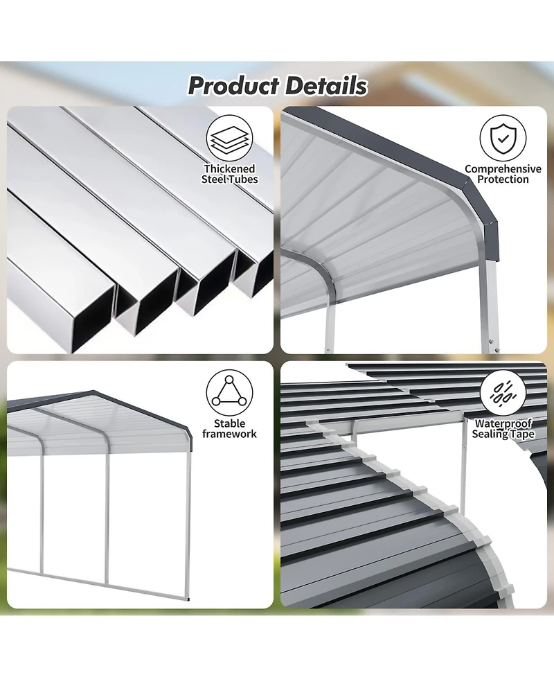 homfan 10' x 15' Heavy-Duty Metal Carport Canopy, All-Weather Steel Garage Shelter with Rust-Resistant Iron Roof and Upgraded Base for Cars Boats
