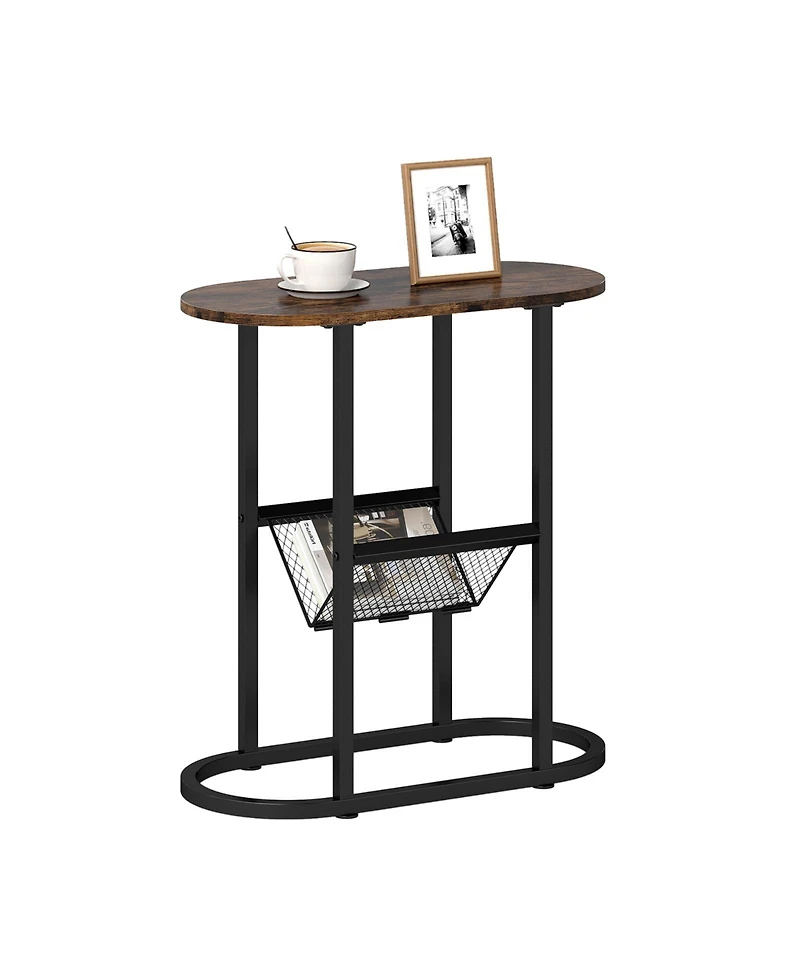 Slickblue Industrial Oval End Table with 2-Tier Design and Mesh Storage Shelf