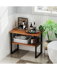 Slickblue Teak Wood Side Table 2 Tier End Table for Living Room Sofa Hallway Laundry