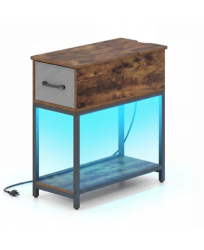 Slickblue Industrial Narrow End Table with Charging Station, Led Lights and Usb Storage Side Table