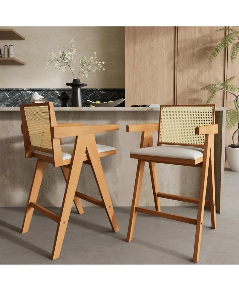 flynama 27" Woven Cane Plastic Back Bar Stool, Rubberwood Frame