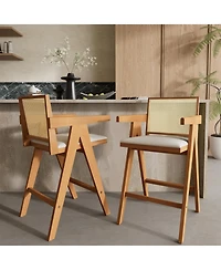 flynama 27" Woven Cane Plastic Back Bar Stool, Rubberwood Frame