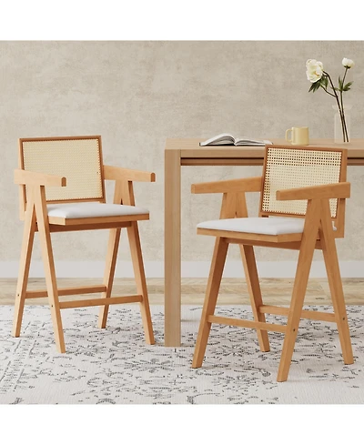 flynama 27" Woven Cane Plastic Back Bar Stool, Rubberwood Frame