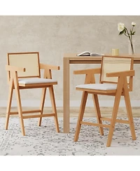 flynama 27" Woven Cane Plastic Back Bar Stool, Rubberwood Frame