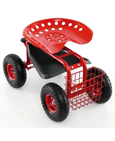 Sugift Four Wheel Rolling Garden Cart with Work Seat