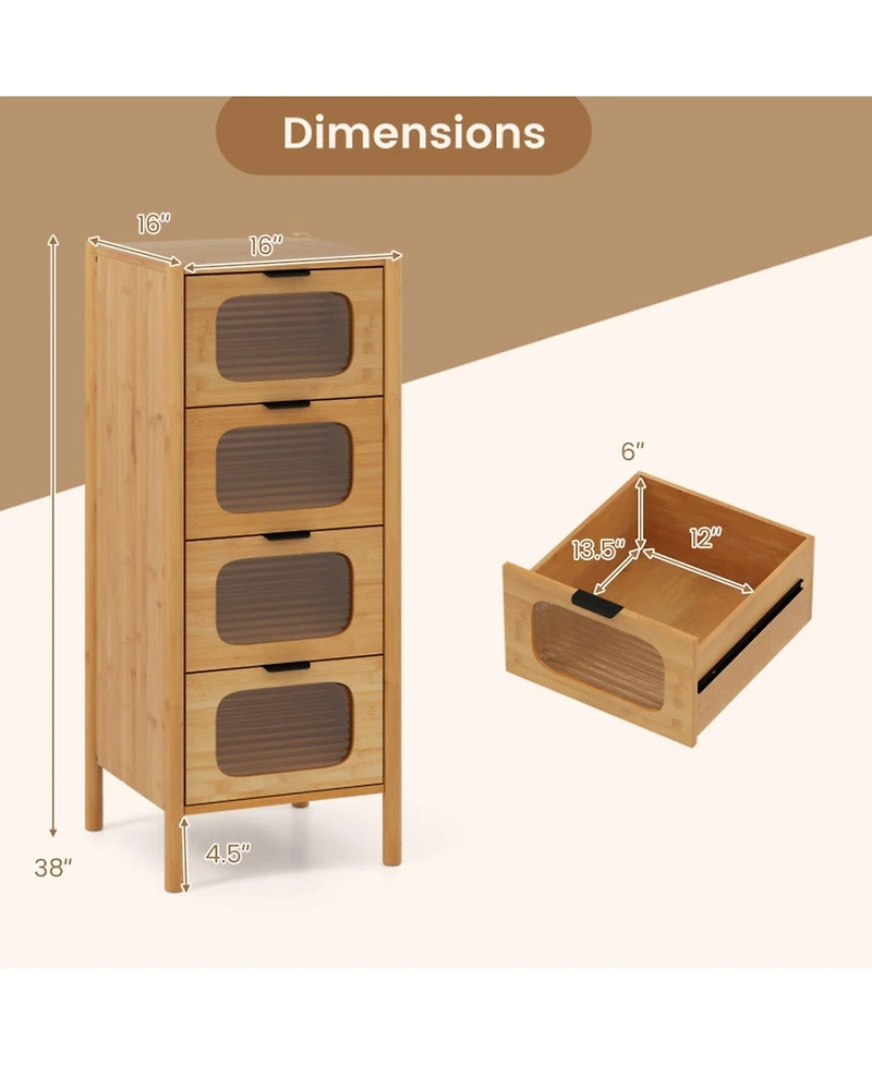 Gouun 4-Drawer Bamboo Storage Cabinet with Fluted Tempered Glass Drawers
