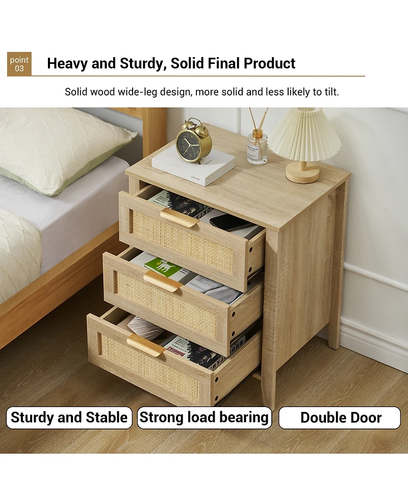 homfan Farmhouse Rattan Bedside Table with 3 Drawers, Modern Storage End Table and Dresser for Bedroom, Living Room and Entryway
