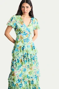 Warehouse Women's Waist Puff Sleeve Tiered Midi Dress