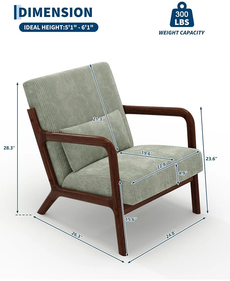 gaomon Mid-Century Modern Accent Chair,Wide-Wale Corduroy Upholstery,Solid Wood Armchair with Removable Lumbar Pillow,Sturdy Reading Chair