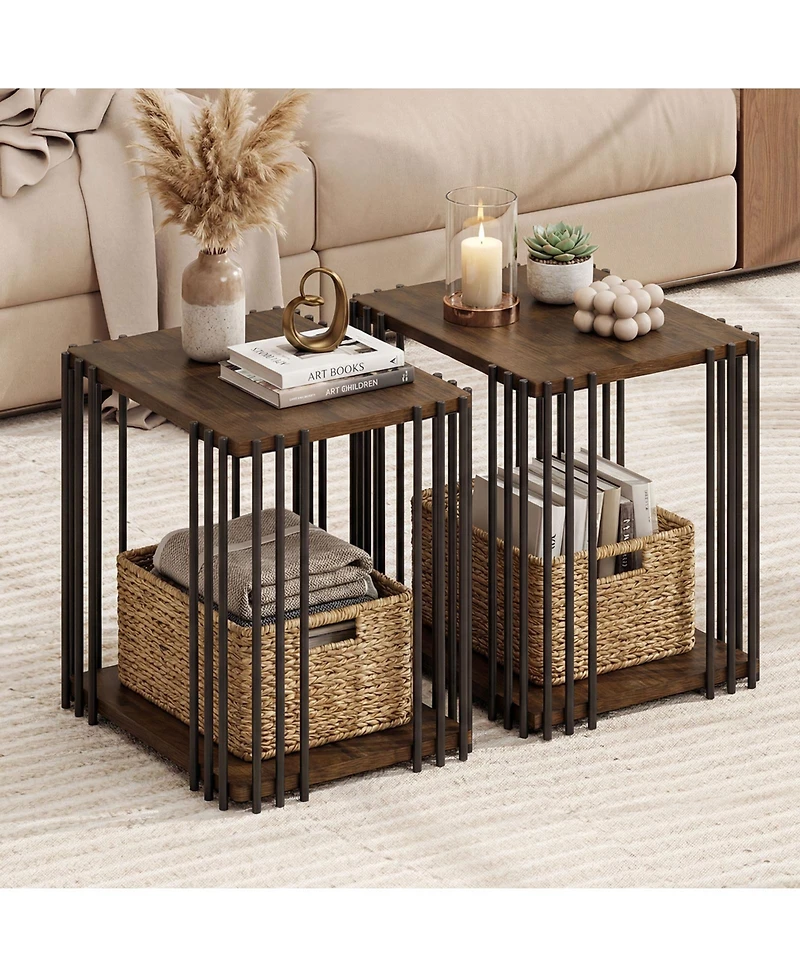 Slickblue 2 piece 2-Layer Storage Side Table with Rubber Wood Surface and Durable Metal Frame-Walnut