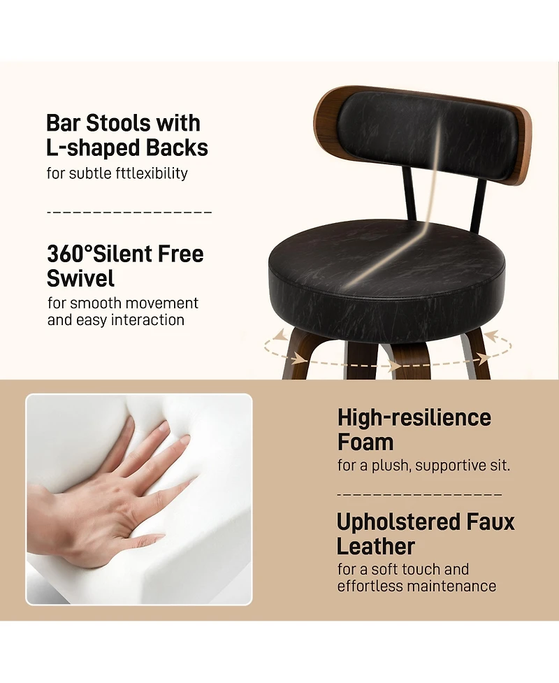 Dyhome 24 inches Bar Stools Set of 2, Counter Height with Leather Pad Wood Back, Upholstered Barstools for Kitchen Island, Cafe