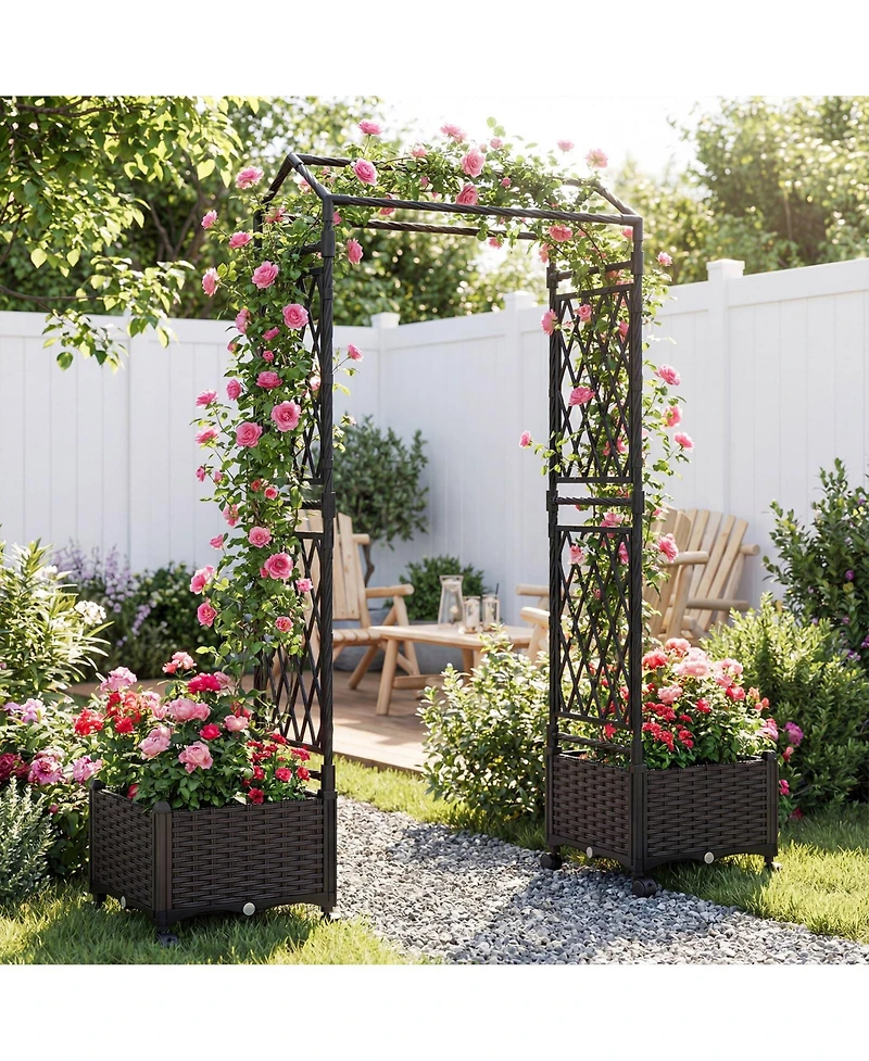 Gymax 2PCS Self-Watering Planter Boxes with Lattice Trellis and Roof