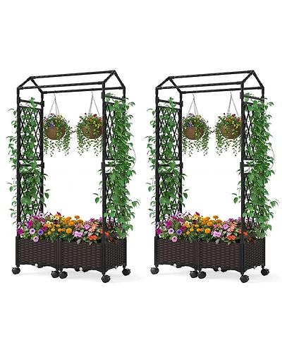 Gymax 2PCS Self-Watering Planter Boxes with Lattice Trellis and Roof