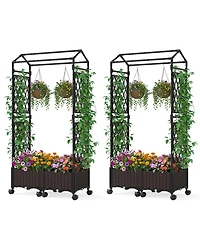 Gymax 2PCS Self-Watering Planter Boxes with Lattice Trellis and Roof