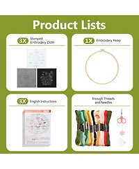 Gnuadz 3 Pack Embroidery Kit Beginner Adult Diy Stamped Pattern Hoop Thread Video Tutorial