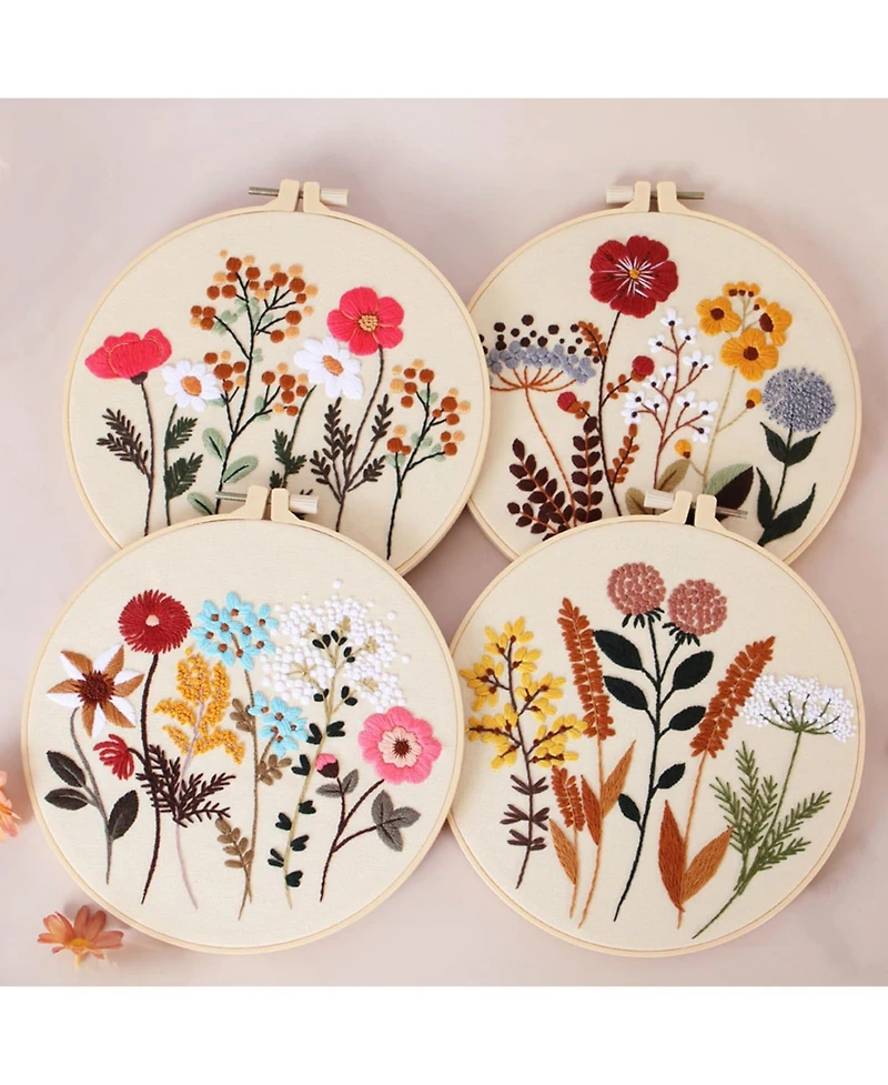 Gnuadz 4 Sets Floral Embroidery Kit Beginner Flower Pattern Practice Set