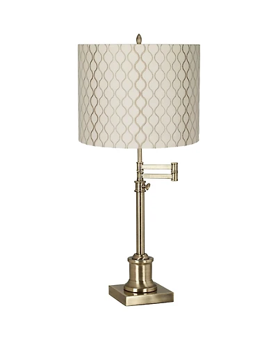360 Lighting Swing Arm Desk Table Lamp 36" Tall Antique Brass Embroidered Hourglass Fabric Drum Shade for Living Room Bedroom