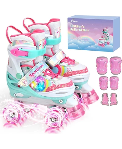 Sportneer Kids Roller Skates 4 Size Adjustable 8 Flash Led Wheels with Gear for Ages 3-12 Xs Foot Length 5.7 to 6.3 Inch Indoor Outdoor