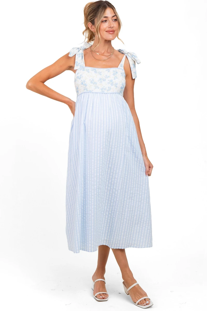 Pinkblush Women's Light Blue Floral Contrast Stripe Shoulder Tie Midi Dress